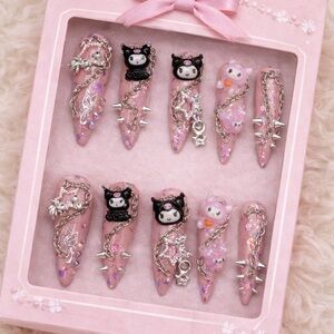 Kawaii Pink Glitter Press-On Nails with Charms